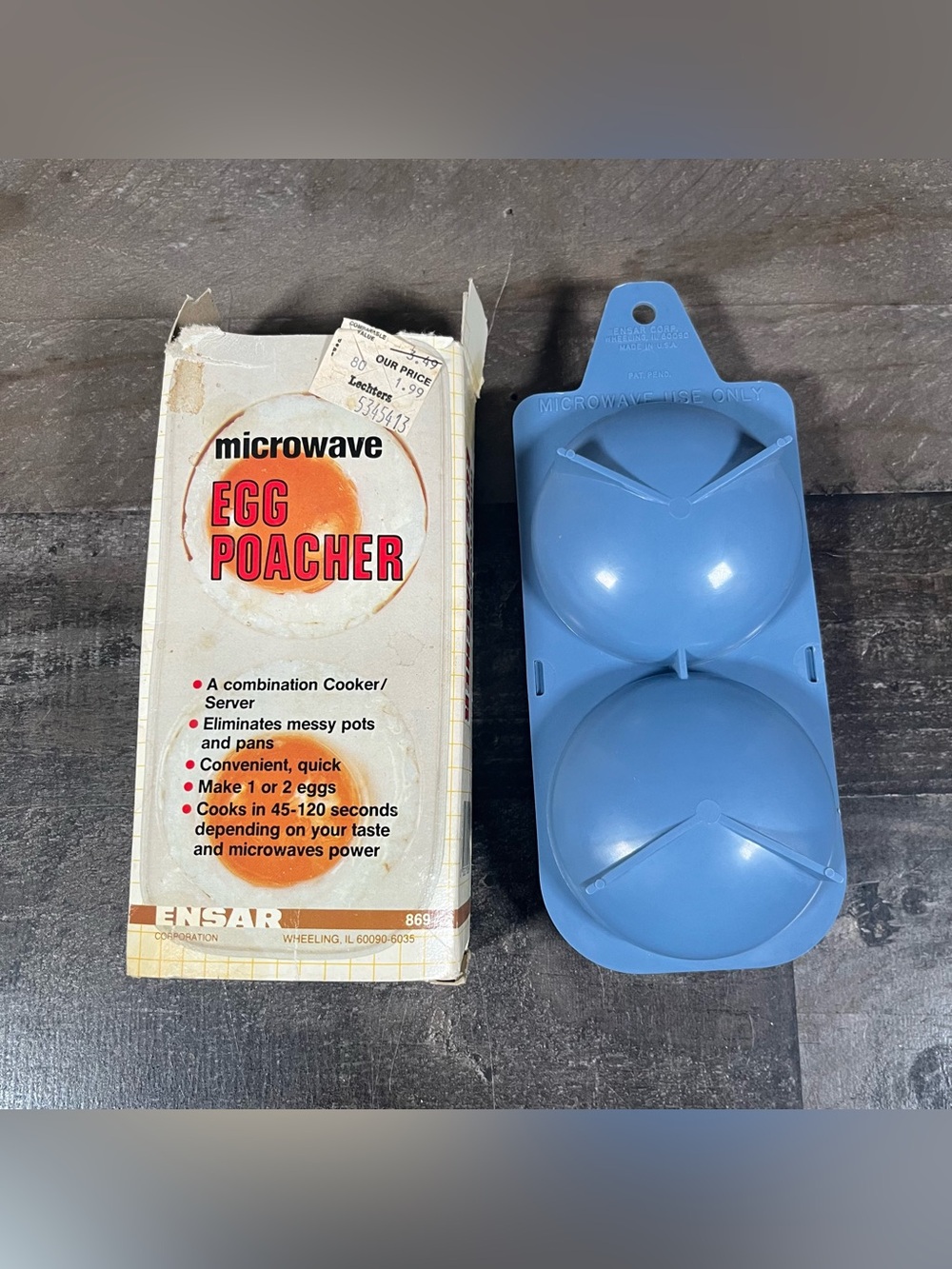 Vintage Ensar Microwave Blue Egg Poacher Cooker Server UPC 030221008691 USA